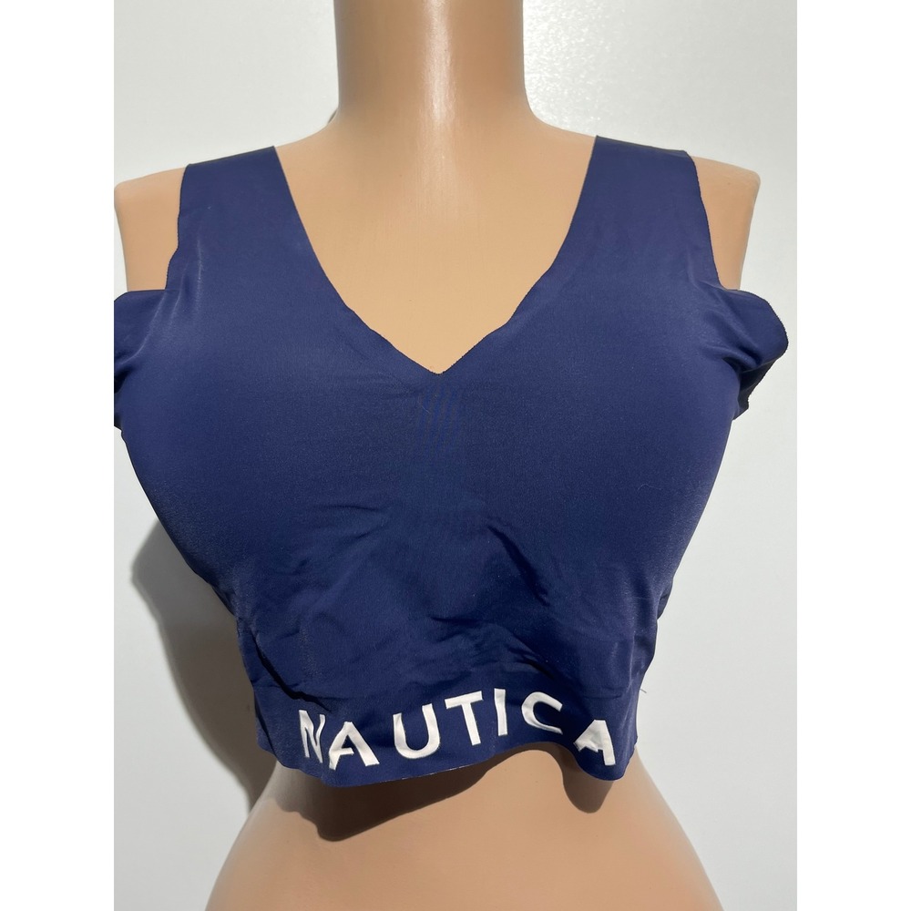 Nautica Intimates Navy Blue V-Neck Logo Band Sports Bra Large 2515-49